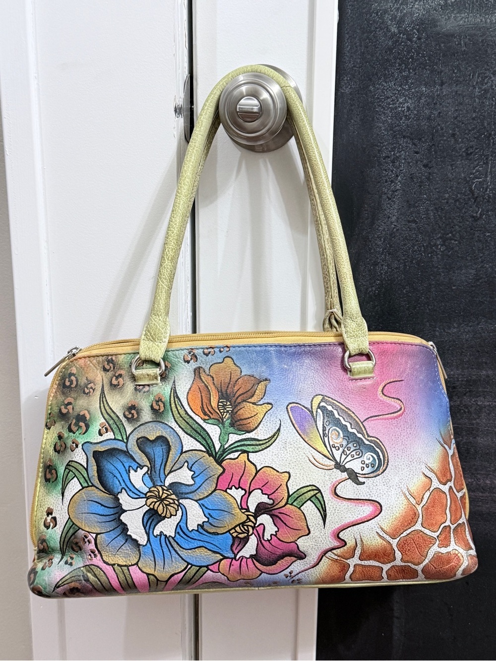 Biacci Handpainted Butterfly Rainbow Leather Handbag